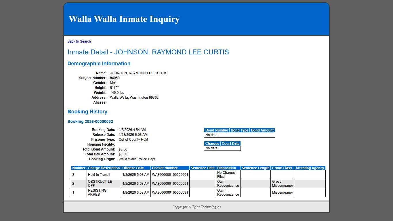 Inmate Detail - JOHNSON, RAYMOND LEE CURTIS