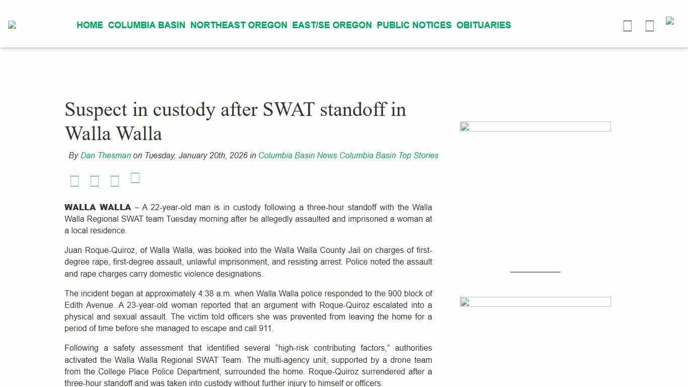 Suspect in custody after SWAT standoff in Walla Walla - Elkhorn Media Group